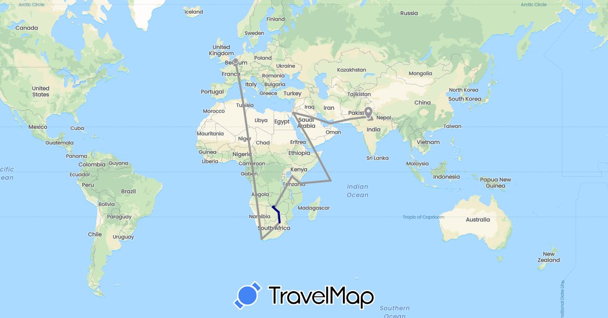 TravelMap itinerary: driving, plane in United Arab Emirates, Belgium, Botswana, Cameroon, India, Jordan, Seychelles, Tanzania, South Africa, Zimbabwe (Africa, Asia, Europe)